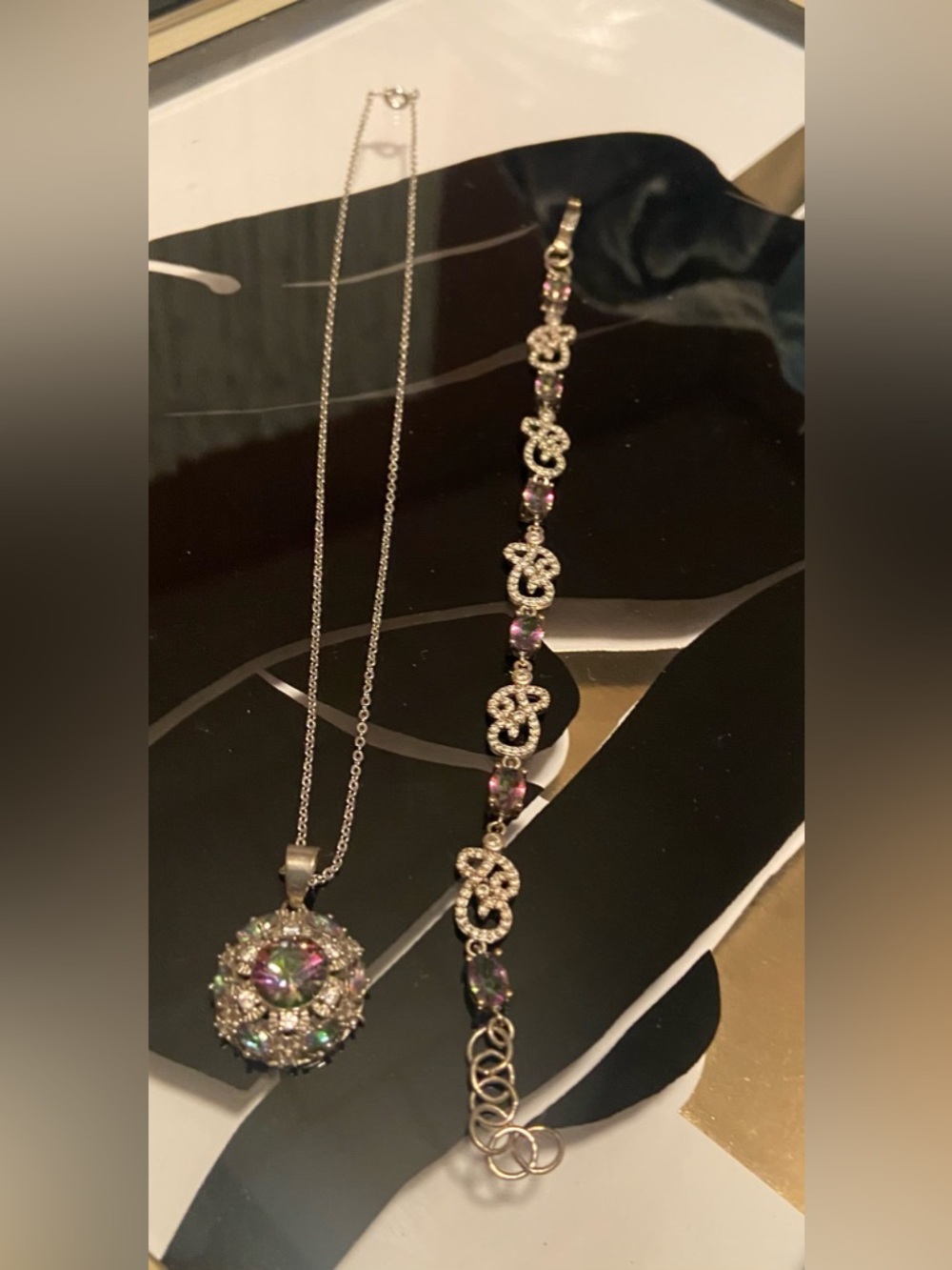 925 Silver Mystic Topaz Crystal Pendant Necklace and Bracelet Set #107